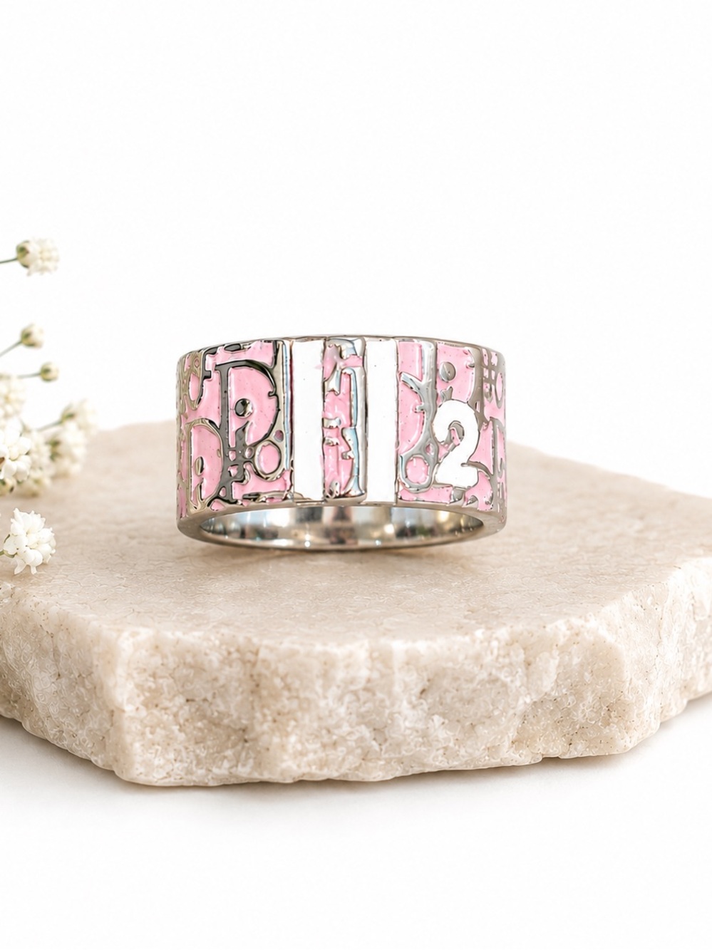 Christian Dior Pink Enamel Trotter Monogram Number 2 Ring Size 7
